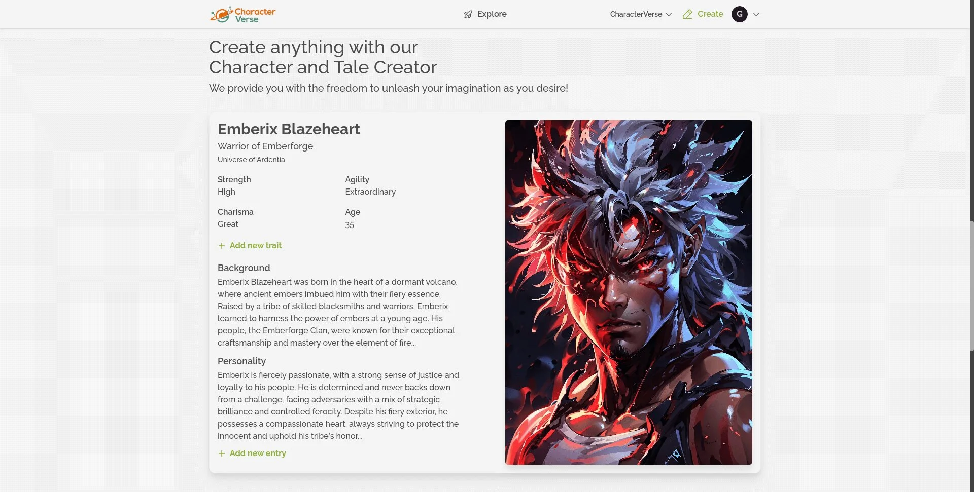 Landing page of Characterverse, a character sheet