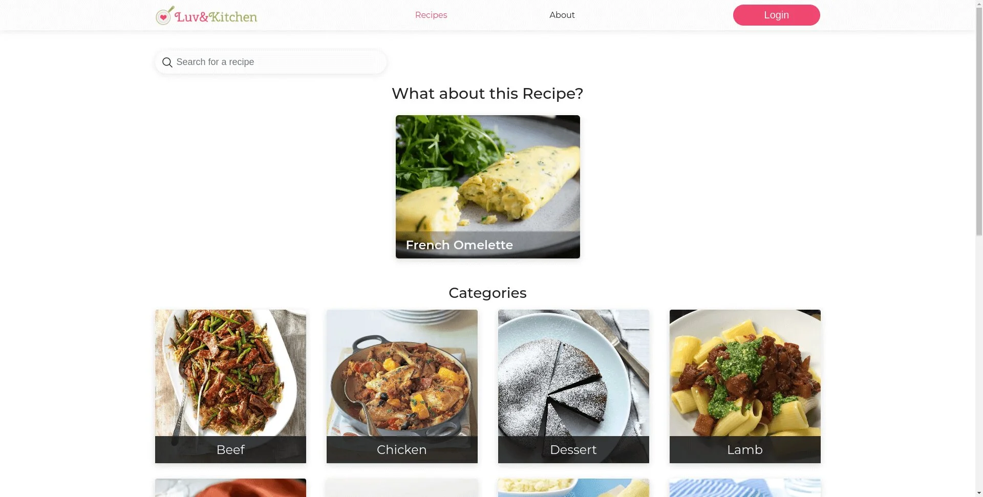 Home of Luv&Kitchen website, with the meal of the day: french omelete and the categories below